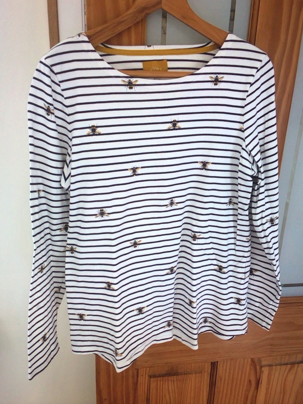 Joules White & Navy Striped Long Sleeve Top with Gold Bee Embroidery